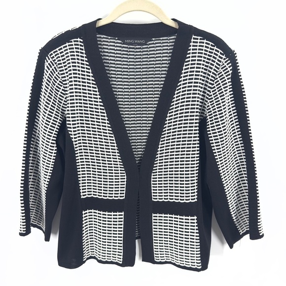 Ming Wang Open Front Jacket Cardigan Womens L Petite Black White Dressy Stretch - Picture 1 of 9